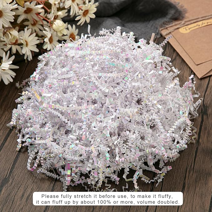 Mefleet 1 LB Crinkle Cut Paper Shred Filler Diamond White Crinkle Shredded Paper for Gift Box - Gift Basket Bag Filler - Grass Cushion Stuffing for Christmas Holiday Packaging Wrapping