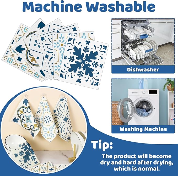 6 Pack Swedish Dishcloths for Kitchen,Swedish Rags Dish Towels with Clips, Reusable Paper Towels Washable Absorbent Cellulose Sponge Cloths for Cleaning Home Kitchen Valentines Gifts for Women