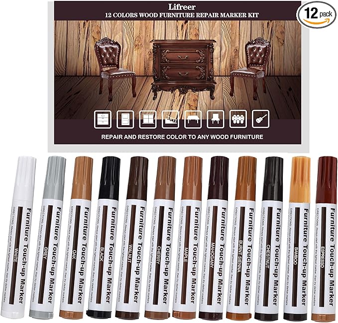 Lifreer Revolutionary Furniture Touch Up Markers, 12 Colors Wood Scratch Repair Markers Kit - Perfect for Stains, Scratches, Wood Floors, Tables, and Bedposts - Easy to Use and Long-Lasting Results!