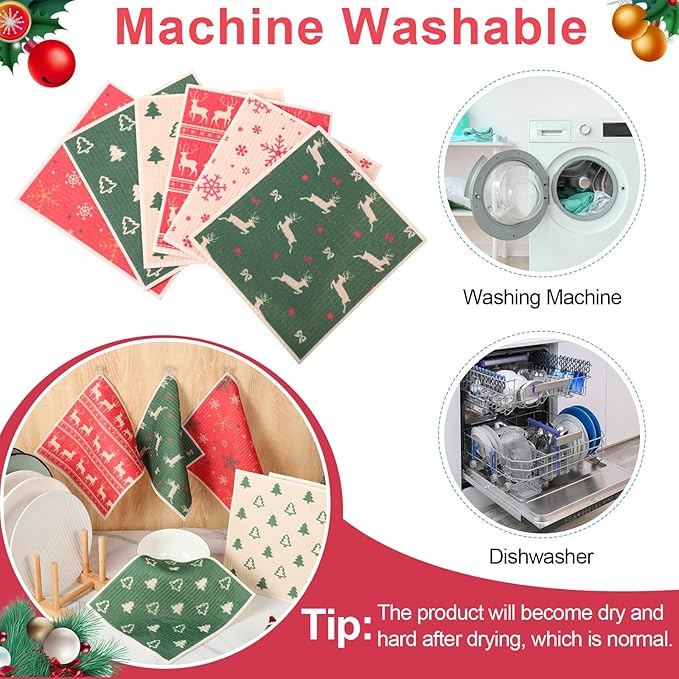 6 Pack Christmas Swedish Dishcloths for Kitchen, Snowflake Elk Xmas Tree Reusable Paper Towels with Adhesive Clips, Stocking Stuffers for Adults Absorbent Cellulose Sponge Cloths for Cleaning Kitchen