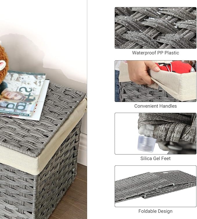 SONGMICS Storage Basket with Lid, Woven Blanket Storage Bin with Handles, Foldable, Removable Liner, Metal Frame, for Bedroom, Laundry Room, 42.3 Gallons (160 L), Gray URST76WG