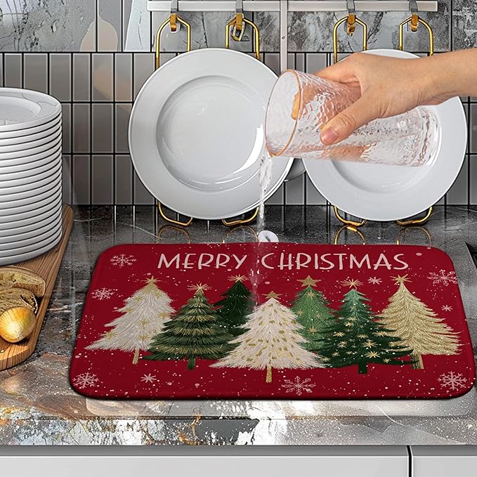 Wnoesat Merry Christmas Dish Drying Mat for Kitchen Counter 16x18 Inch Red Xmas Tree Snowflakes Drying Pad Winter Holiday Absorbent Microfiber Dish Draining Reversible Dish Drainer Rack Mat