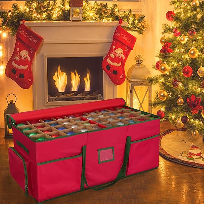 Christmas Ornament Storage Box -Up to 160 Holiday Ornaments with Adjustable Dividers & 6 Pockets Large Capacity Storage Container for Christmas Decorations Toys Gift Wrap Organizer