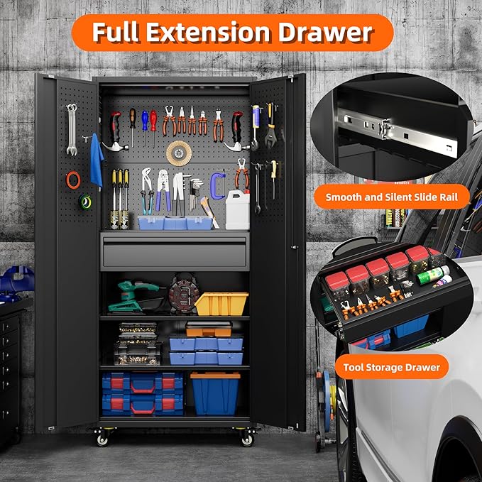 Aobabo Metal Storage Cabinet with Wheels and Adjustable Pegboard, 71" H Steel Rolling Cabinet with 16 Hooks and 1 Interior Drawers for Garage, Home, Office, Kitchen, Black, Assembly Required