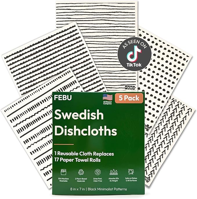 FEBU Swedish Dishcloths for Kitchen | 5 Pack Black Minimalist Reusable Paper Towels Washable | Swedish Dish Towels | Non-Scratch Cellulose Sponge Cloths | No Odor, Biodegradable Cleaning Cloths