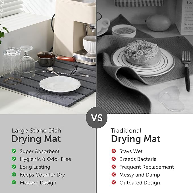 Large Stone Dish Drying Mat for Kitchen Counter, 2PCS Quick Dry Stone Dishes Mats, Foldable Water Absorbing Diatomaceous Earth Drying Pad for Bottles Dish Cups(Dark Gray 24"×16" & 8"x5")