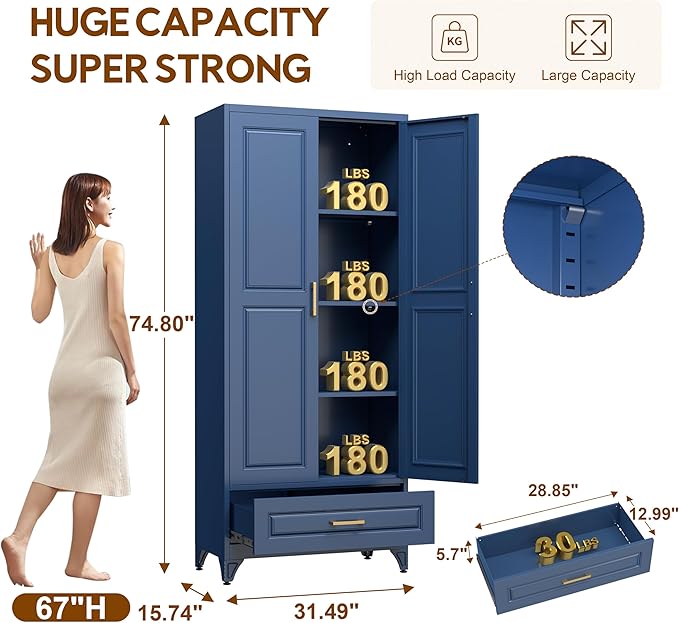 75" Kitchen Pantry Cabinet with Drawer, Tall Storage Cabinet with Doors and 4 Shelves, Metal Storage Cabinets for Kitchens, Living Room, Dinning Room, Assembly Required, Blue