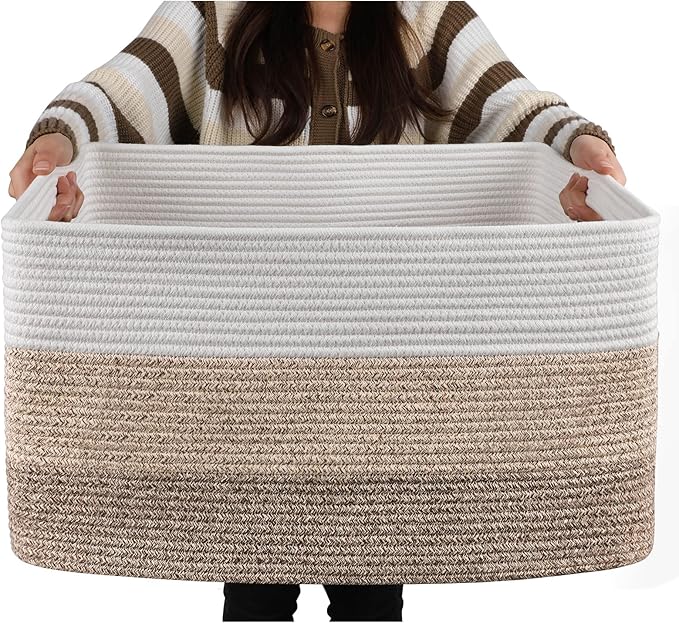 OIAHOMY Large Blanket Basket, 22”x17”x12” Rectangle Woven Baskets, Nursery Blanket Storage Living Room, Toy Storage With Handle, Large Baskets for Organizing-Gradient Yellow
