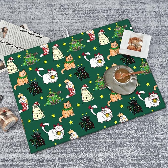 Cute Christmas Cat Dish Drying Mat 18 x 24 Inch for Kitchen Counter Cute Kitchen Mat Microfiber Kitchen Countertop Absorbent Reversible Drainer Rack Pad Dish Drying Mat