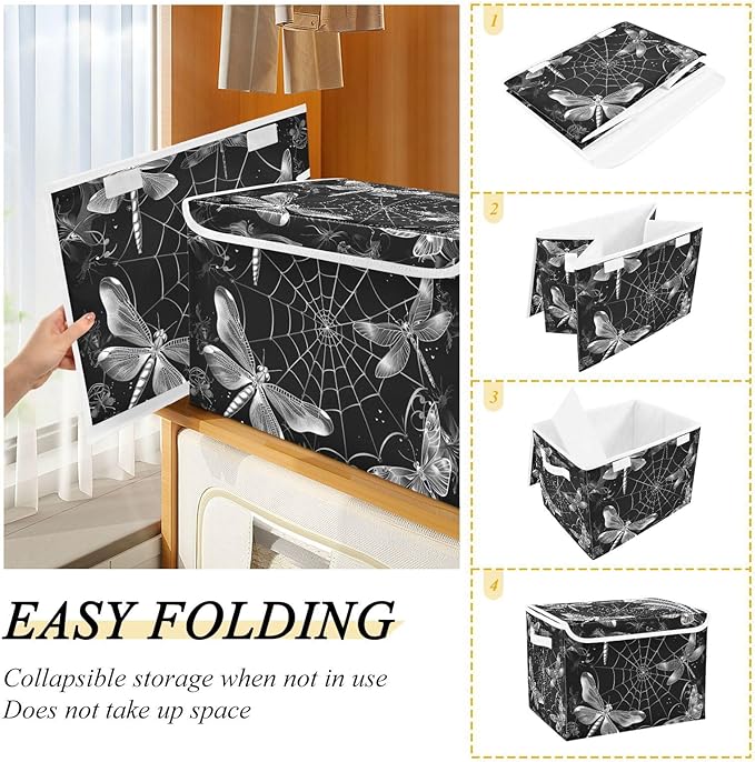 senya Halloween Baskets Collapsible Storage Bins with Lids, Spider Webs Dragonflies Storage Boxes Clothes Baskets for Organizing, B06D22020