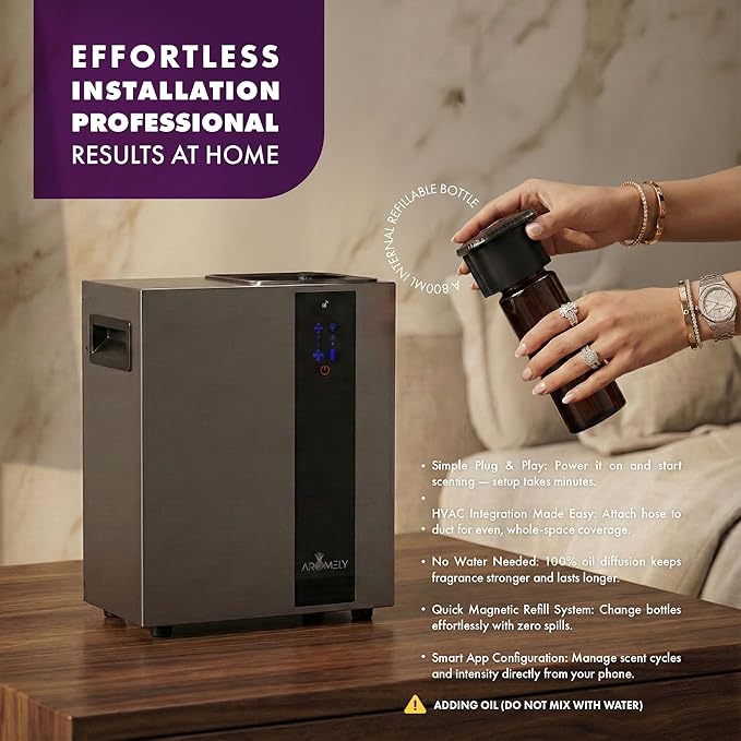 Aromely Smart Bluetooth HVAC Scent Diffuser, Aromatherapy Nebulizing Waterless Diffuser for Home, Office, Large Room, App Controlled Perfect Aroma Diffuser Up to 4,000 SQFT - Black