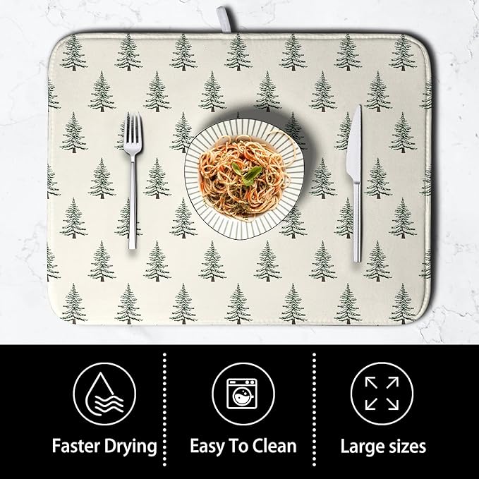 Kwlegh Christmas Tree Dish Drying Mat Winter Xmas Holiday Drying Mats Microfiber Absorbent Dishes Drying Pad Reusable Washable Kitchen Countertop Protector Dish Drainer Rack Mat 18x24 Inch