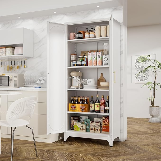 Kitchen Storage Cabinets, 75" Tall Metal Storage Cabinet with Doors and 4 Shelves, Kitchen Pantry Cabinets with Gold Handles, White Food Pantry, Large Cupboard for Dining Room, Office