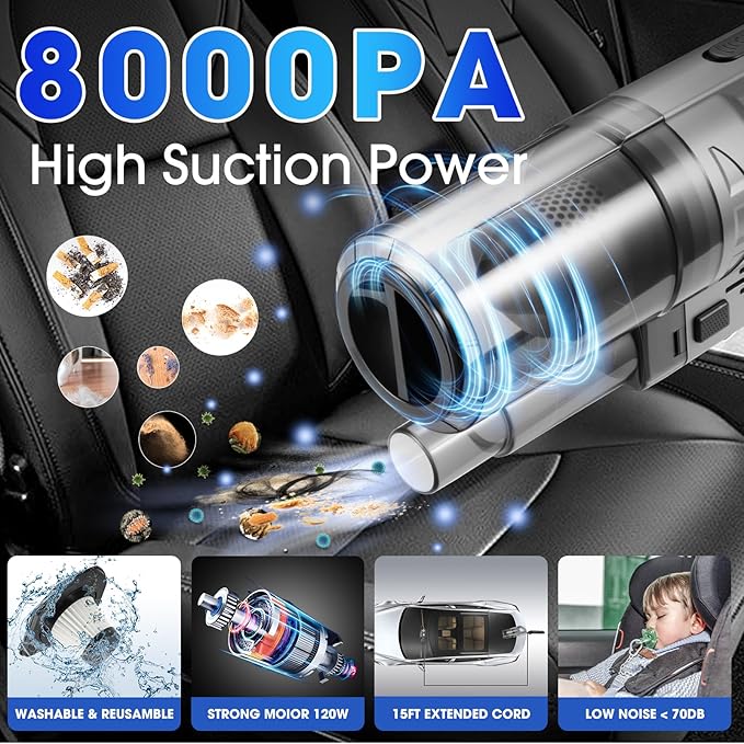 Viewsun Car Cleaning Kit, 17PCS Car Interior Detailing Kit with Gray High Power Handheld Vacuum, Detailing Brush Set, Windshield Cleaner, Cleaning Gel, Complete Auto Accessories for Men, Women