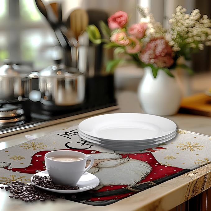 Christmas Santa Themed Dish Drying Mat Winter 18x24 Inch Large Size Drying Pad for Kitchen Counter Snowflake Dish Dry Mats Microfiber Absorbent Kitchen Decor Merry Christmas Coffee Bar Pad