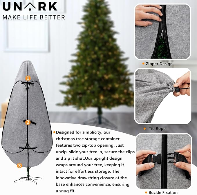 Upright Christmas Tree Storage Bag 7.5 Ft, Artificial Christmas Tree Storage Bag 6.5ft, Christmas Tree Cover for Upright Storage Fit 6 Ft / 6.5 Ft / 7 Ft / 7.5 Gray