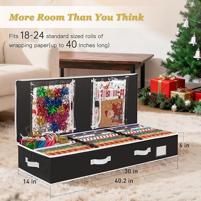 Criusia Gift Wrapping Paper Organizer Storage, Durable Underbed Storage Container Fits 24 Rolls, with Removable Dividers and Pockets for Ribbon, Ornaments, Holiday Accessories, Black