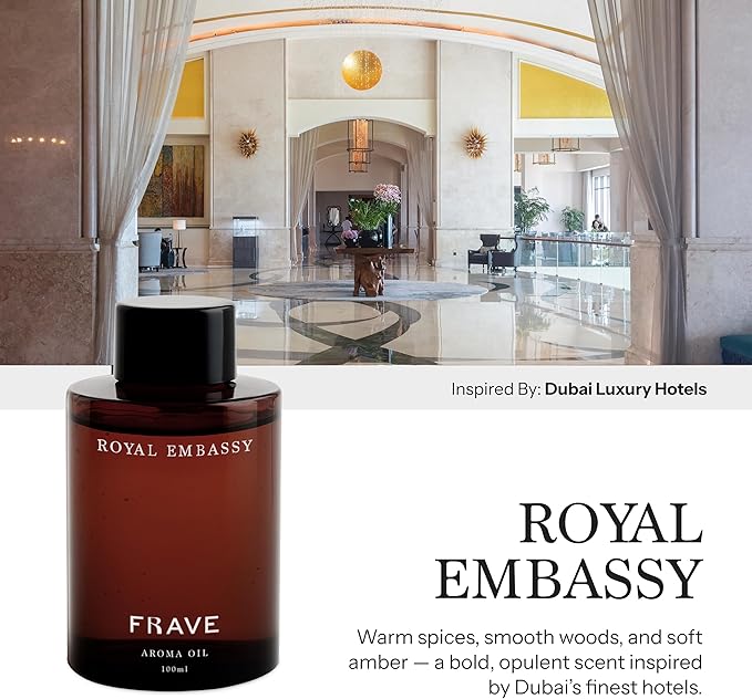 Royal Embassy Hotel Diffuser Oil, 100ml, 3.38 oz, Scent Inspired by Dubai Luxury Hotels, Luxurious Aromatherapy Refill Fragrance for Waterless Cold Air Diffusers, Home, Office, Hotel