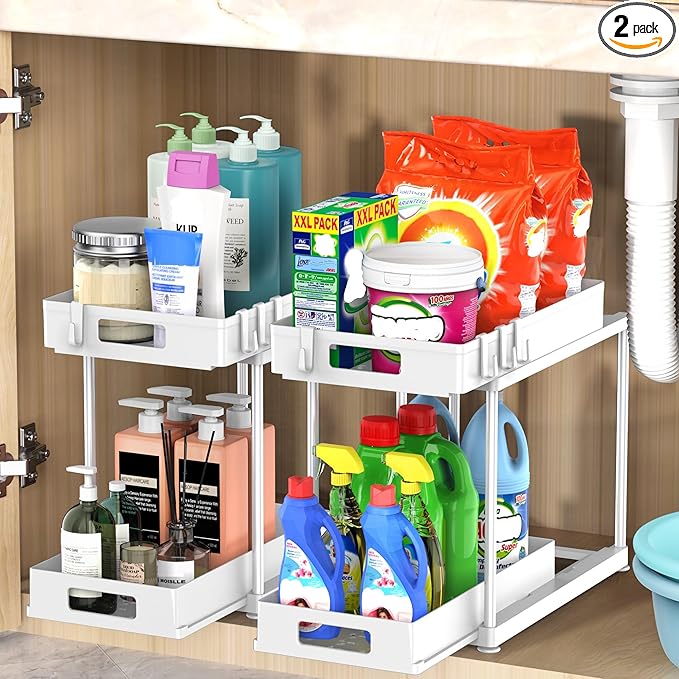 Under Sink Organizers and Storage, 2 Pack Large Capacity Heavy Load Double Pull-out Under Sink Shelves with Sliding Drawer for Kitchen and Bathroom, White