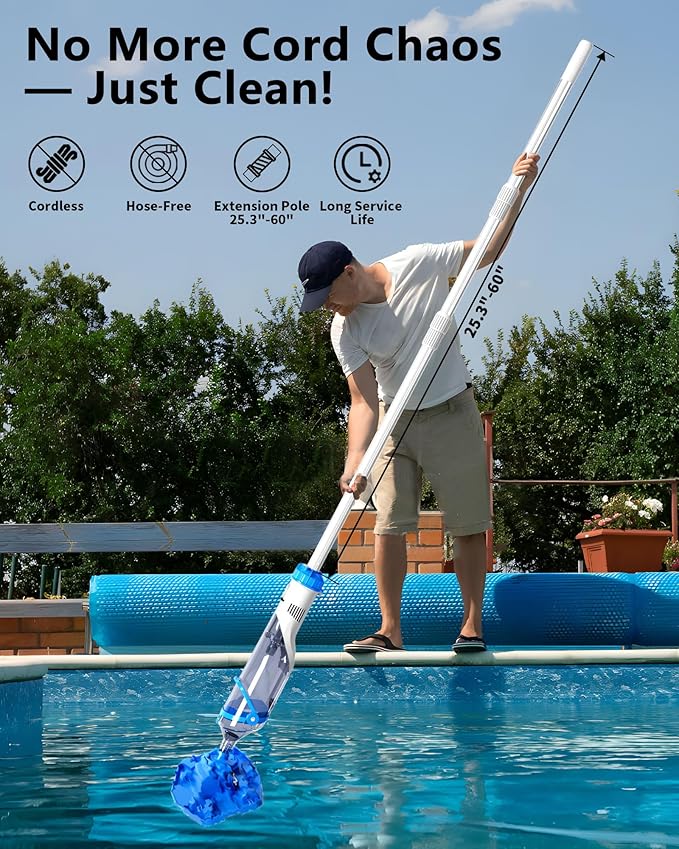 Cordless Handheld Pool Vacuum with Telescopic Pole, Rechargeable Hot Tub SPA Vacuum, 18GPM Powerful Suction, 60Min Runtime, Pools up to 88", Portable Pool Cleaner for Above Ground/Inground Pools