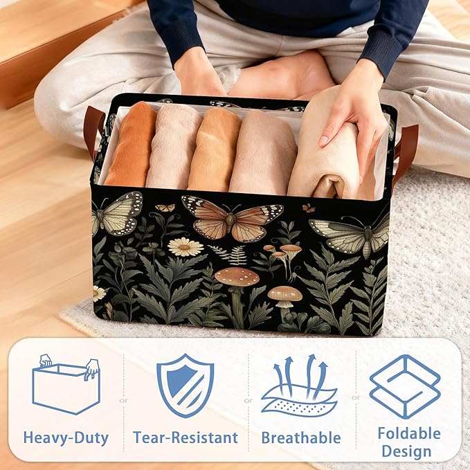 Vintage Mushroom Storage Baskets,Butterfly Plants Foldable Large Capacity Organizer Bins with Waterproof Lining and Leather Handles for Closet,Shelf,Bedroom 17x11.5x10Inch