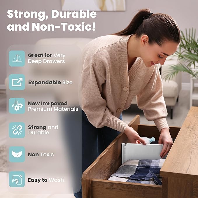 RAPTUROUS Adjustable Drawer Dividers, 8" Tall, Expandable 13.35-22", 4-Pack, Non-Slip for Deep Drawers in Kitchen, Bedroom, and Closet (White)