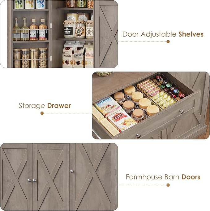 HIFIT 72.8” Tall Kitchen Pantry Cabinet with LED & Charging Station, 55” Wide Farmhouse Pantry Storage Cabinet with Microwave Stand&Shelves&Barn Doors, Kitchen Hutch Coffee Bar for Living Room, Grey