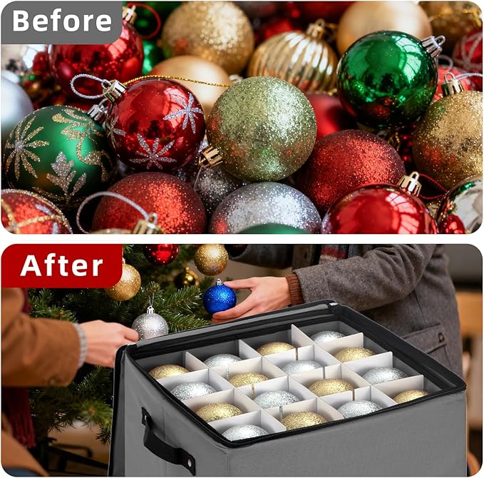 JY COOKMENT Christmas Ornament Storage Box with Adjustable Dividers, Premium Holiday Ornaments Storage Container Bin with Zippered Top for Xmas Decorations (64-3" Balls, Gray, With Tray)