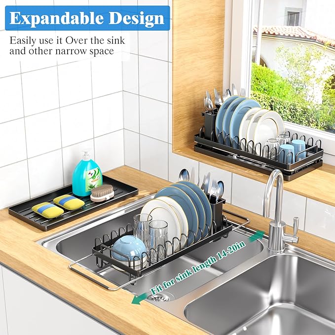 CHLORYARD Small Dish Drying Rack Over The Sink, Compact Dish Rack with Silicone Mat for Kitchen Counter, Expandable Dish Drainers Drying Rack Used in Sink & on Countertop, Black