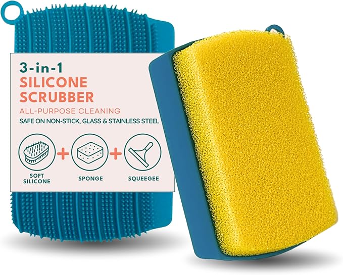 Flickly 3-in-1 Cleaning Sponge with Silicone Bristles & Squeegee – Non-Scratch for Shower Glass, Windows & Car (Teal +Yellow)
