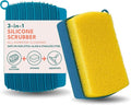 Flickly 3-in-1 Cleaning Sponge with Silicone Bristles & Squeegee – Non-Scratch for Shower Glass, Windows & Car (Teal +Yellow)