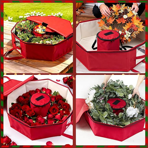 2 Pack Wreath Storage Christmas Garlands Bag with Interior Pockets Large Xmas Container Box for holiday Decorations Case with Dual Zipper and Handles Window Labeling Card Slot 24" Red