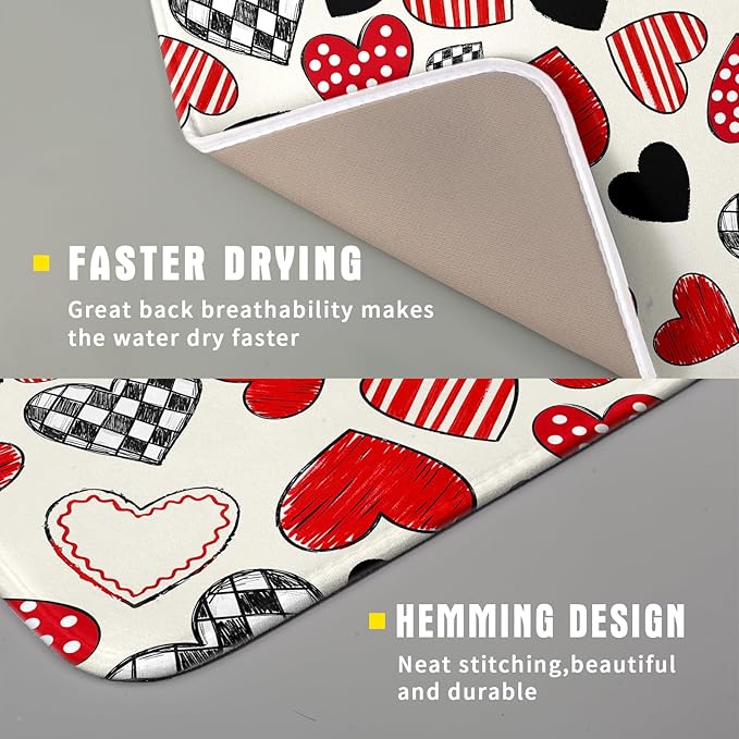 Valentines Day Dish Drying Mat for Kitchen Counter 18x16 Inch Red Heart Drying Mat with Absorbent Reversible Microfiber Holiday Love Dish Drainer Mats Rack Pad for Coffee Countertop Protector
