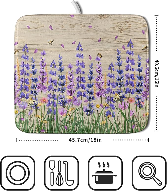 Lavender Floral Dish Drying Mat 16x18 inch Spring Summer Flower Decorative Fast Dry Dishes Drainer Mats Reversible Washable Dish Rack Pad