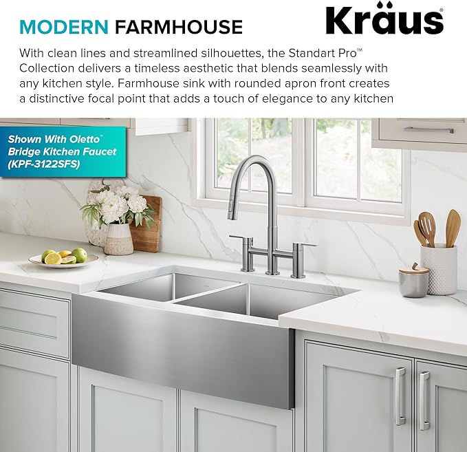 Kraus KHF204-33 Standart PRO Kitchen Stainless Steel Sink, 16 Gauge, 33" Undermount Round Apron 40/60 Double Bowl Kitchen Sink