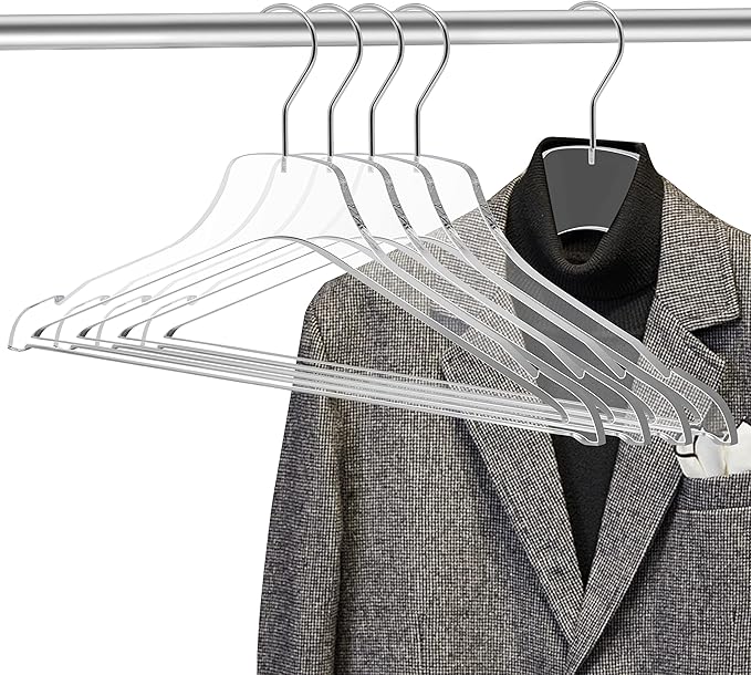 Quality Acrylic Clear Lucite Hangers Chrome Hooks for Clothes, Pants, Suit Jackets, Coats, and Shirts, Closet and Wardrobe Organization (Chrome/Gloss Silver Hook, 90)