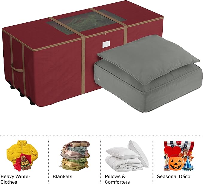 Christmas Tree Storage Tote with Wheels - Rolling Holiday Container for 9-Foot Faux Trees, Garlands, Inflatables, and Other Decor by Elf Stor (Red)