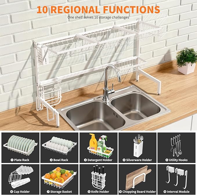 HOTEAGLE Over The Sink Dish Drying Rack 2 Tier Large Extensible Dish Drainer Rack Kitchen Sink Organizer, 25.6"-39.4" L x 12.4" W x 20.5" H, White