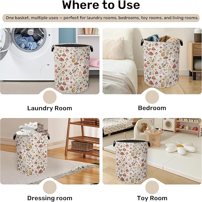 Fall Mushroom Laundry Hamper - Waterproof Fabric Laundry Basket with Handles, Foldable Storage Basket for Laundry,Bedroom,Dorm