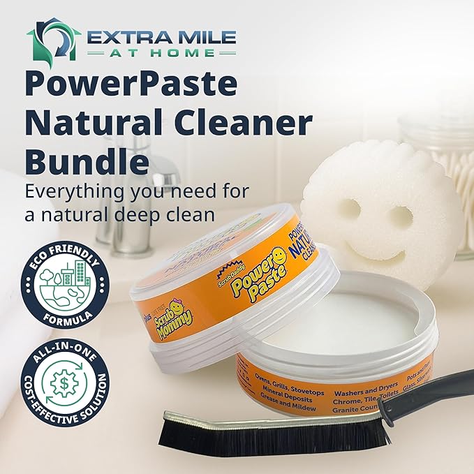Power Paste Natural All Purpose Cleaner Bundle - Grout Cleaner for Tile Floors with Sponge & Crevice Brush - Deep Cleaning Tools for Shower Tile Grout, Bathroom, Kitchen Surfaces, Tight Spaces at Home