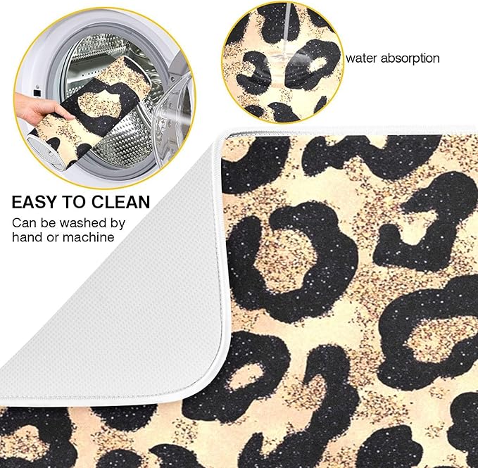 Cheetah Brown Gold Dish Drying Mat for Kitchen Countertop 18x24 Leopard Black Large Drying Mat Reusable Quick Dry Dish Sink Mats Easy Clean Decorative Essentials