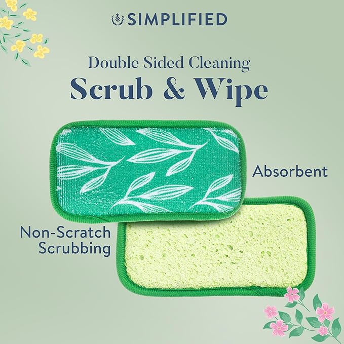 Simplified 5-Pack Scrub & Wipe 2-in-1 Dishwashing Sponges - Non-Abrasive Cleaning Sponges, Double-Sided - Safe for Dishes, Non-Stick Pans or Glassware, Absorbent Dish Sponges, Green Leaves