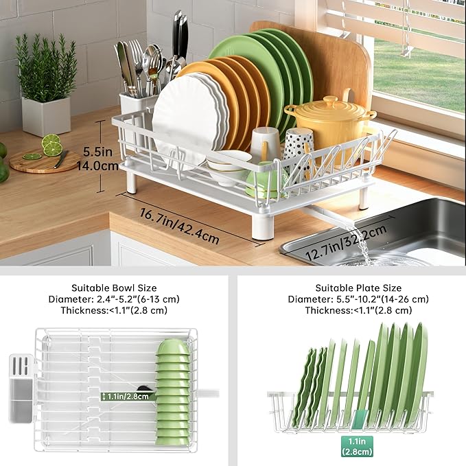 IMXSUMDA Dish Drying Rack, Dish Racks for Kitchen Counter, Detachable Dish Drainer with Drainboard, Utensil Holder, Cup Holder, Space Saving Kitchen Drying Rack for Small Home and Appartment, White