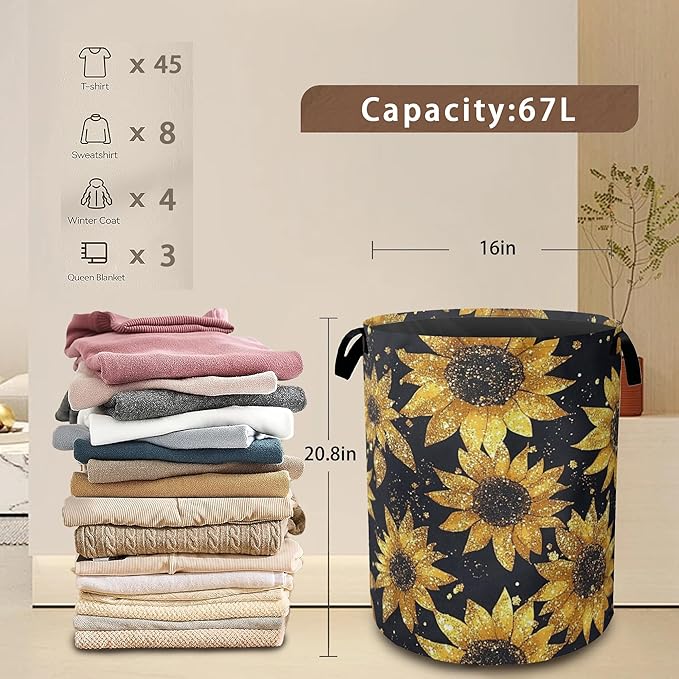 Laundry Basket,Sunflower Collapsible Laundry Baskets,Waterproof Oxford Hamper with Handles for Bathroom Bedroom Nursery Home Storage 16"x20"
