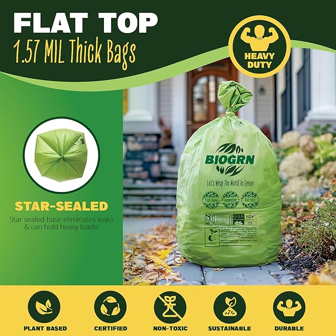 BIOGRN 30-33 Gallon Compostable Trash Bags Flat-Top 30 Bags Heavy Duty1.57 Mil, 124.92 Liter Large Lawn and Yard Waste Bag green for Outdoor Garden ASTM D6400, US BPI and OK Compost Home Certified