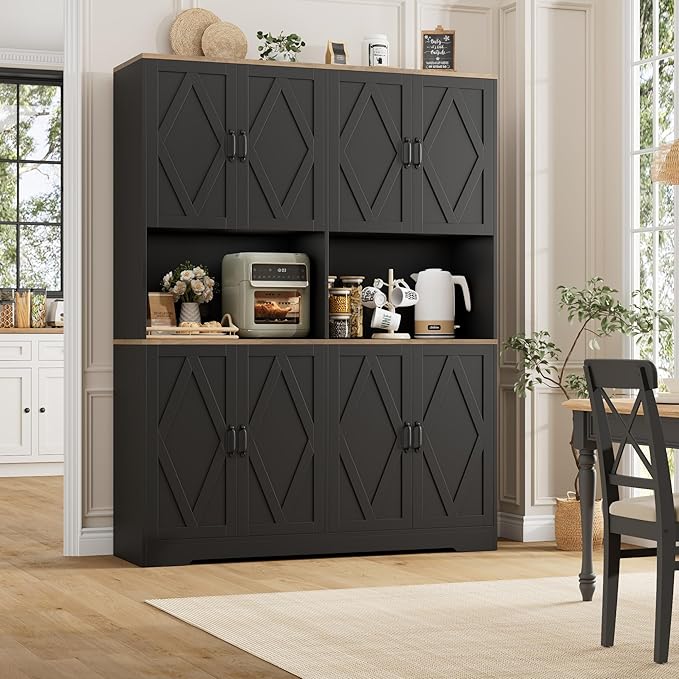 HOSTACK 71" Tall Pantry Cabinet, 55" Wide Kitchen Pantry Storage Cabinet, Large Kitchen Hutch with 2 Microwave Stands, Farmhouse Coffee Bar Station with Doors and Shelves for Dining Room, Black