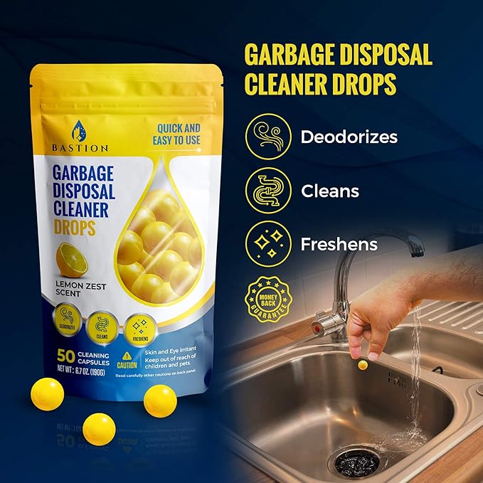 Bastion Garbage Disposal Cleaner and Deodorizer Drops- [[50-Count]] Lemon Zest Scented Kitchen Sink Freshener Pods & Drain Odor Eliminator Disposer Care Balls