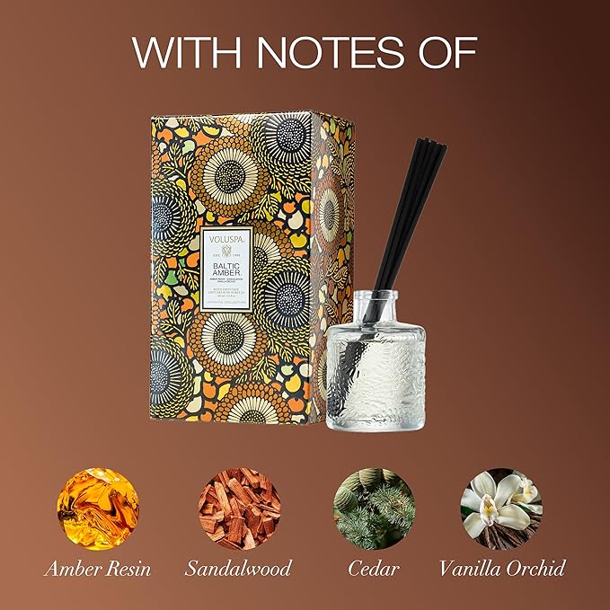 Voluspa Baltic Amber Scented Reed Diffuser, 3.4 oz, Oil Reed Diffusers for Home, Handcrafted in The USA