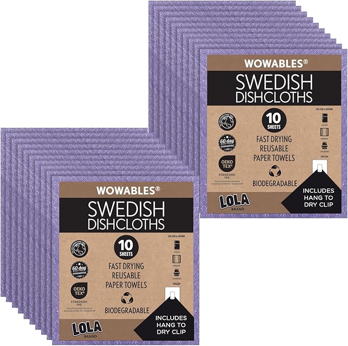 LOLA Swedish Dishcloths for Kitchen 20 Sheets, Biodegradable & Compostable Reusable Paper Towel Cleaning Cloths Zero Waste No Odor Washing Dishes Ultra Absorbent Cellulose Sponge Towel Made in Germany