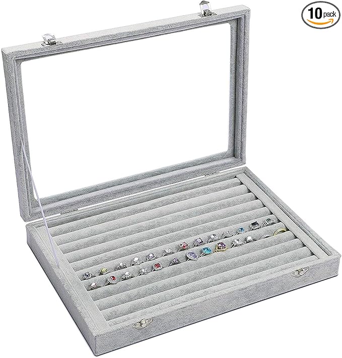 Jewelry Tray Ring Organizer Box with Clear Lid Velvet Tray for Jewelry Storage Display Case, 10 Slots Can Hold 100 Rings Earrings Dustproof Necklace Jewelry Box Organizer & Tray (Grey)